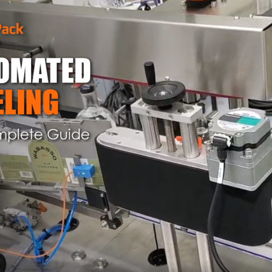 Automated linear labeling machine applying pressure-sensitive labels to glass bottles. Link Pack, Quebec Canada
